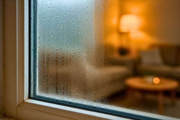 Gros plan sur une fenêtre recouverte de gouttelettes de condensation par temps froid