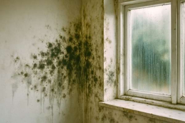 Mur de chambre avec moisissures visibles près d’une fenêtre embuée,