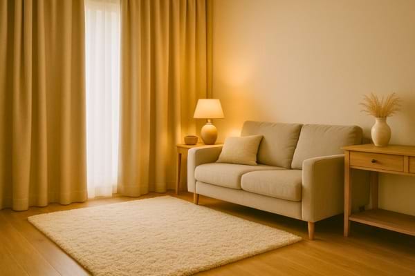 Salon cosy avec rideaux tirés, tapis épais