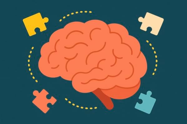 cerveau stylisé en mouvement avec icônes de puzzle autour