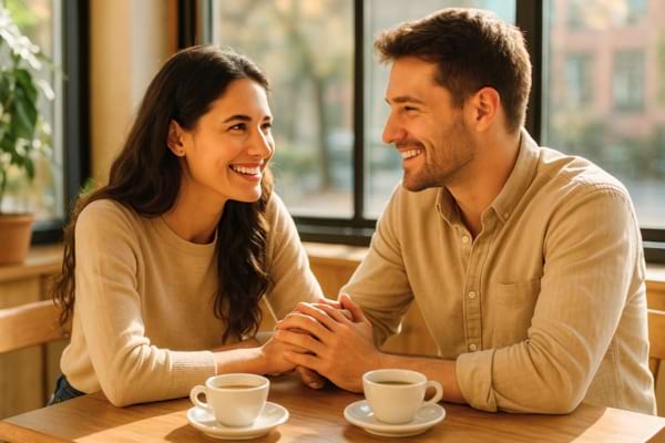 Un couple souriant qui se regarde tendrement dans un café ensoleillé.