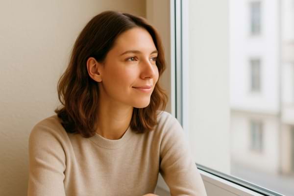 Une femme pensive regardant par la fenêtre, un léger sourire aux lèvres.