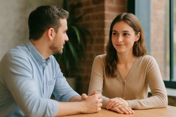 Une femme souriante mais réservée face à un homme lors d’une conversation calme.
