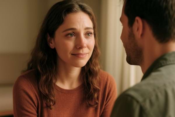 Une femme émue, silencieuse, les yeux brillants devant un homme attentif.