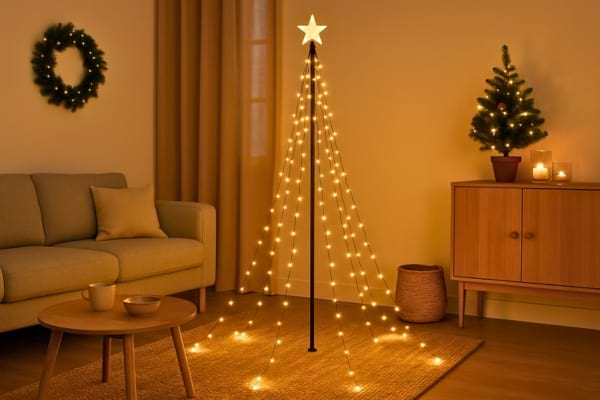 un salon moderne décoré pour Noël avec un sapin lumineux minimaliste