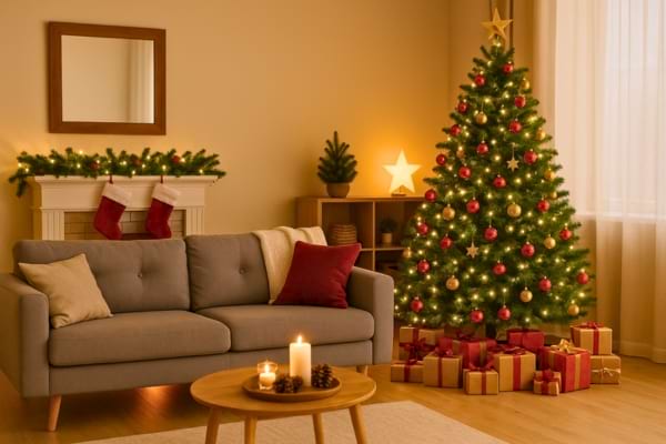 Un salon avec un sapin de noel traditionnel