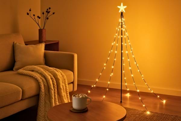 un coin de salon avec la guirlande sapin LED allumée