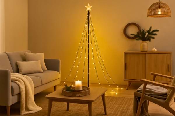 vue d’un salon de style nordique avec le sapin lumineux allumé,
