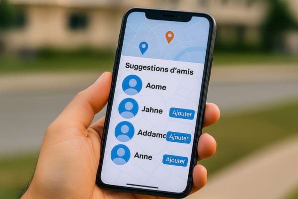 Scène illustrant un smartphone connecté à plusieurs profils autour, avec une carte et des repères de localisation