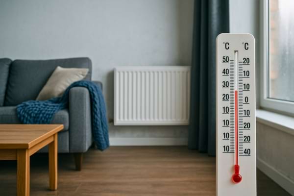 Un salon moderne avec des radiateurs froids et un thermomètre affichant une température basse