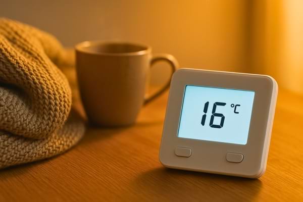Thermostat moderne affichant 16°C, ambiance cosy