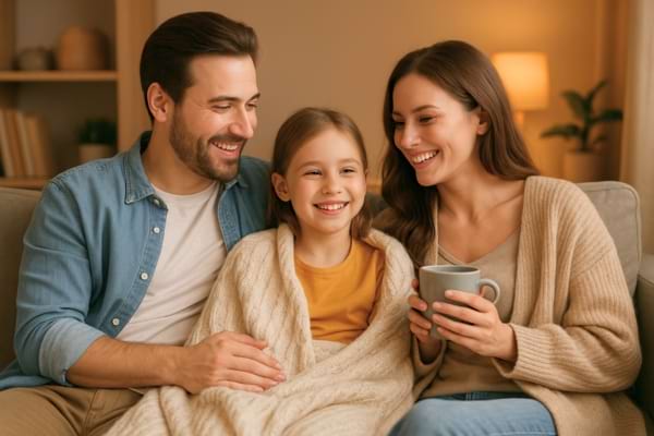 Famille souriante dans un salon bien chauffé, plaid et tasse chaude