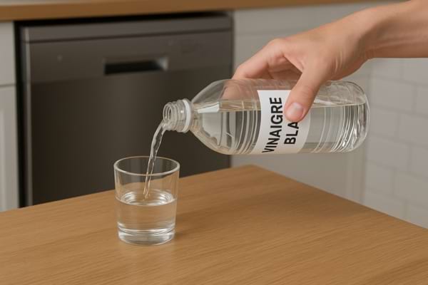 Un verre rempli de vinaigre blanc destiné au lave vaisselle