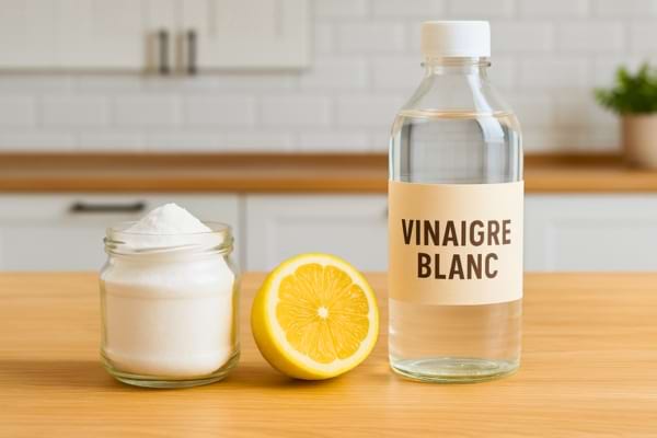 Un plan de cuisine avec du bicarbonate, du citron et une bouteille de vinaigre blanc côte à côte.