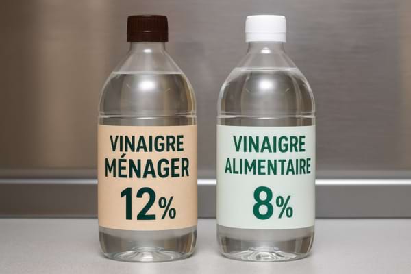 2 bouteilles de vinaigre ménager et de vinaigre alimentaire cote à cote