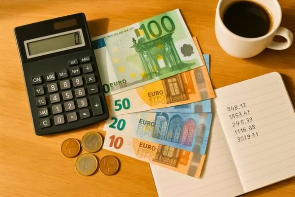 "Image réaliste montrant une calculatrice, des billets d'euros de différentes valeurs étalés