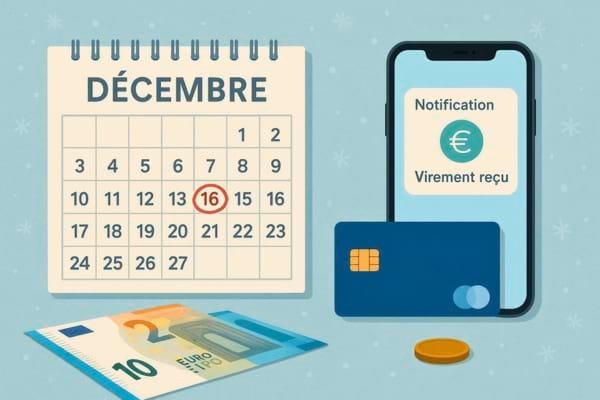 Illustration d'un calendrier de décembre avec le 16 entouré en rouge et un téléphone mobile 