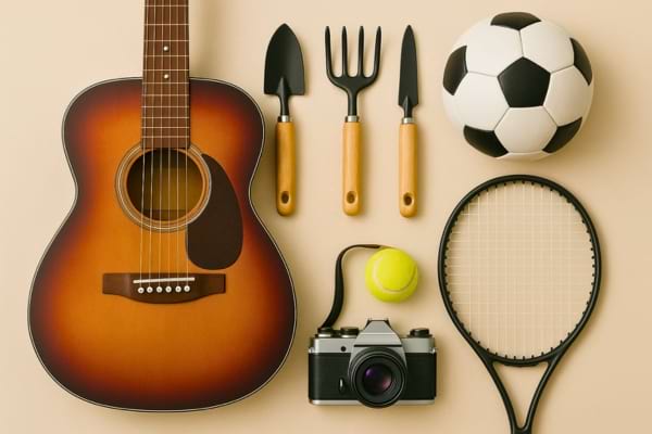 Collage artistique représentant différents hobbies masculins