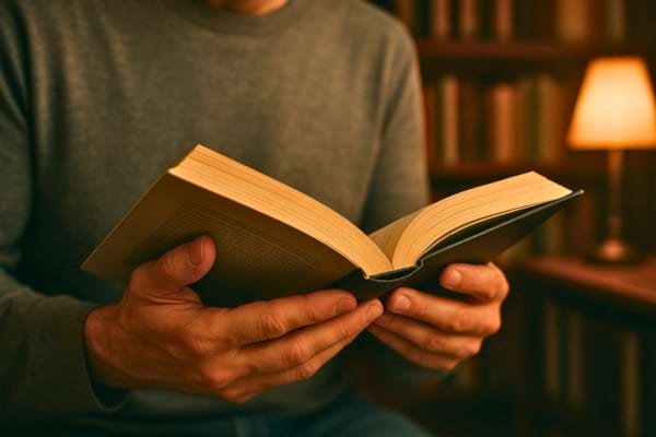 Gros plan sur les mains d'un homme tenant un livre ouvert