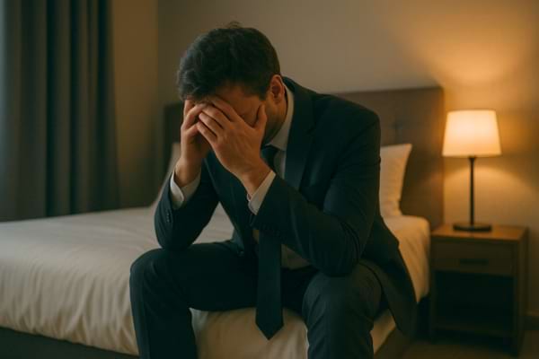 Un homme d'affaires épuisé assis sur le bord du lit, la tête dans les mains