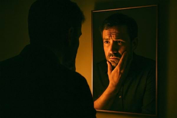 Silhouette masculine regardant son reflet dans un miroir avec une expression inquiète