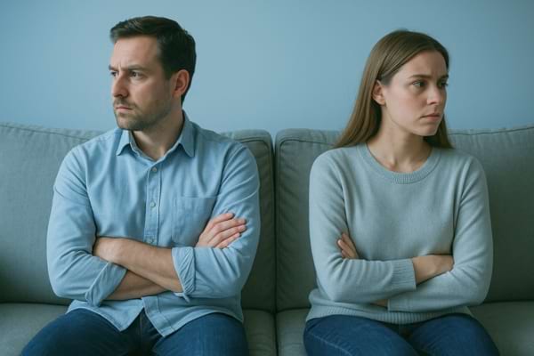 Couple assis aux extrémités opposées d'un canapé