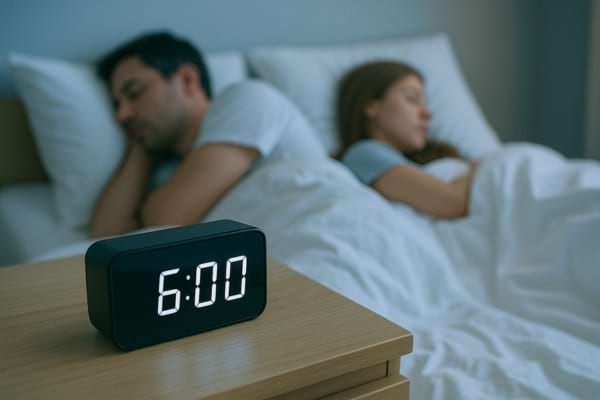 Réveil sur une table de nuit montrant 6h du matin, fond flou d'un couple dormant dos à dos