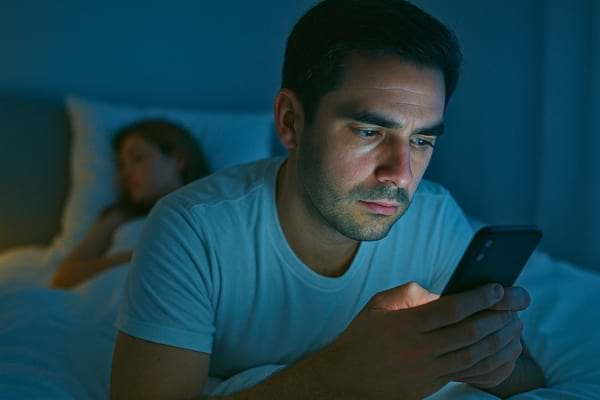 Homme concentré sur son smartphone dans un lit