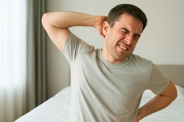 Homme fatigué s'étirant le dos avec une grimace de douleur