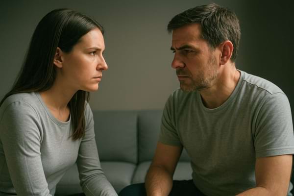 Couple en conversation tendue, assis face à face avec des expressions fermées