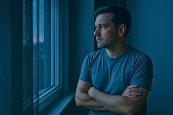 Homme contemplatif regardant par la fenêtre au crépuscule, posture pensive et solitaire