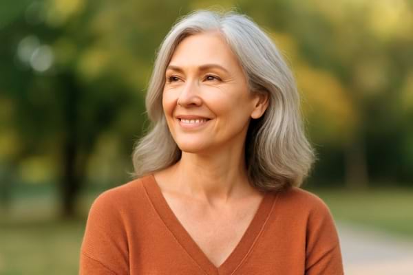 une femme souriante, confiante, regardant au loin avec calme.