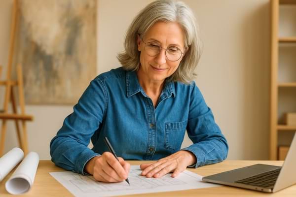 une femme d’âge mûr travaillant sur un projet artistique ou professionnel.