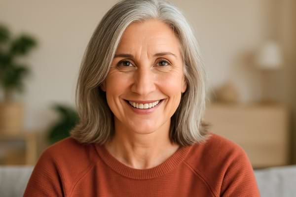 une femme regardant droit dans la caméra avec un sourire franc.