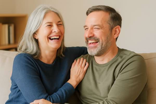 un couple riant ensemble après une discussion détendue.