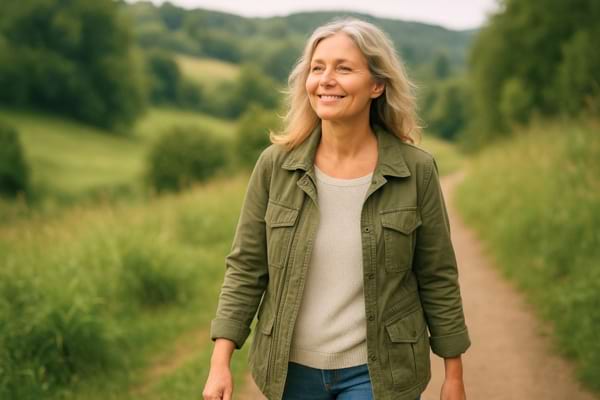 une femme marchant seule dans la nature, sourire paisible.