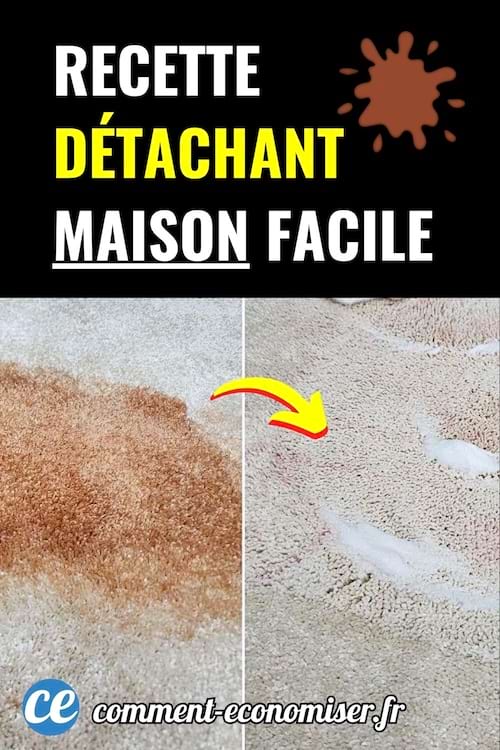 Tapis taché nettoyé partiellement, flèche jaune, fond noir, texte jaune et blanc.