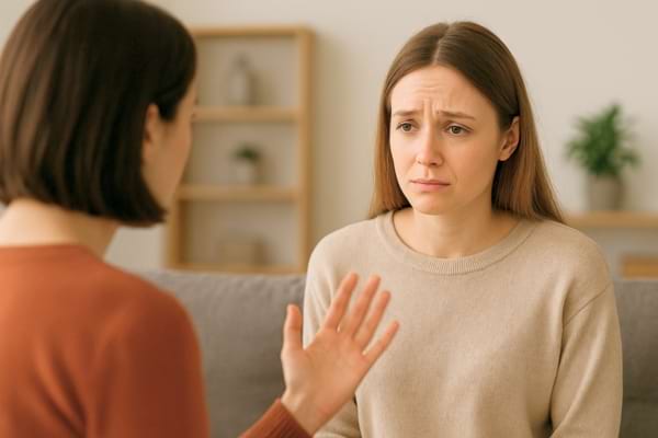 Deux femmes discutent sérieusement dans un salon, l’une semble expliquer calmement quelque chose.