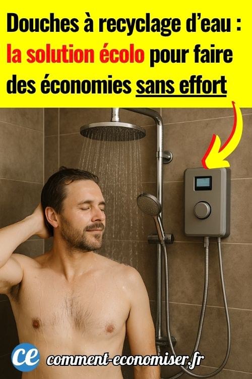 Un homme qui prend une douche dans une douche cyclique, aussi appel&eacute;e douche &agrave; recyclage d'eau.