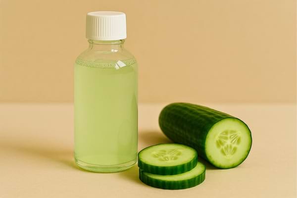 Bouteille d’eau infusée au concombre posée près de tranches fraîches.