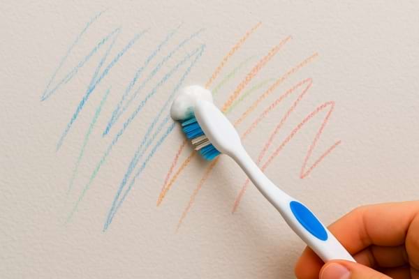 Une brosse à dents avec du dentifrice frotte des traces de crayon sur un mur.