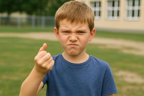 Un jeune garçon fronce les sourcils en faisant un geste de poing fermé dehors.