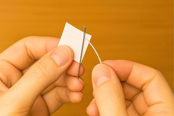 Une main utilise un petit carré de papier pour faciliter l’enfilage du fil.