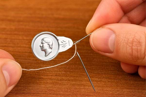 Un enfile-aiguille en métal aide à passer le fil dans le chas.