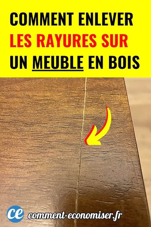 Meuble en bois avec une longue rayure visible et flèche jaune pointant vers la zone à réparer.