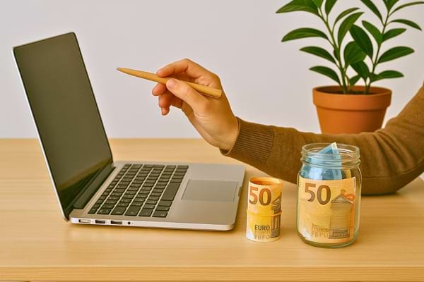 Une main tenant un crayon désigne un ordinateur près de bocaux remplis de billets de 50 euros.