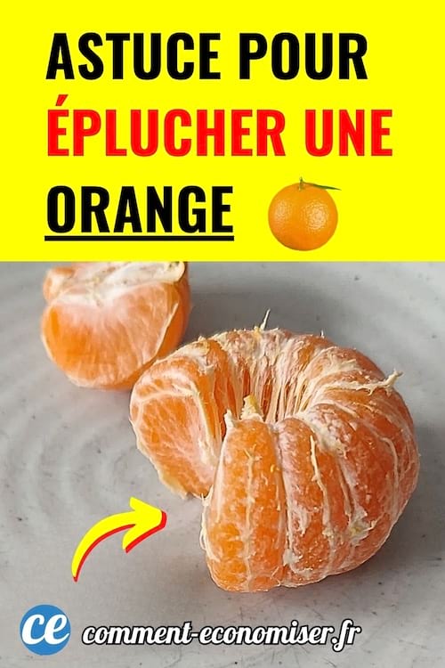 Quartiers d&rsquo;orange poses sur une assiette grise avec fleche jaune montrant la technique pour eplucher facilement.
