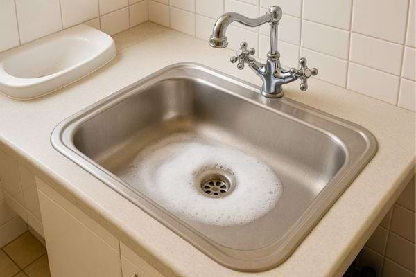 Un évier en inox rempli d’eau savonneuse sous un robinet brillant dans une cuisine carrelée.