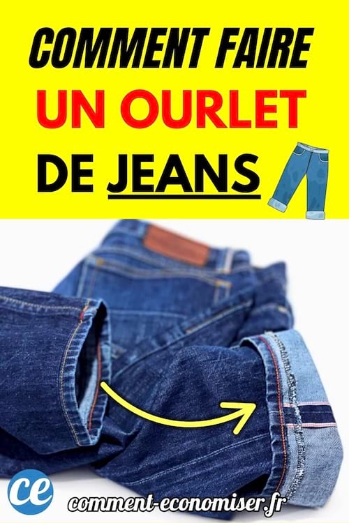 Jean plié avec ourlet visible et flèche jaune.