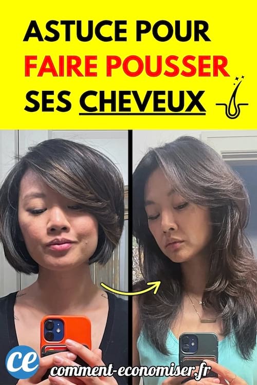 Femme avant cheveux courts puis après cheveux longs brillants.